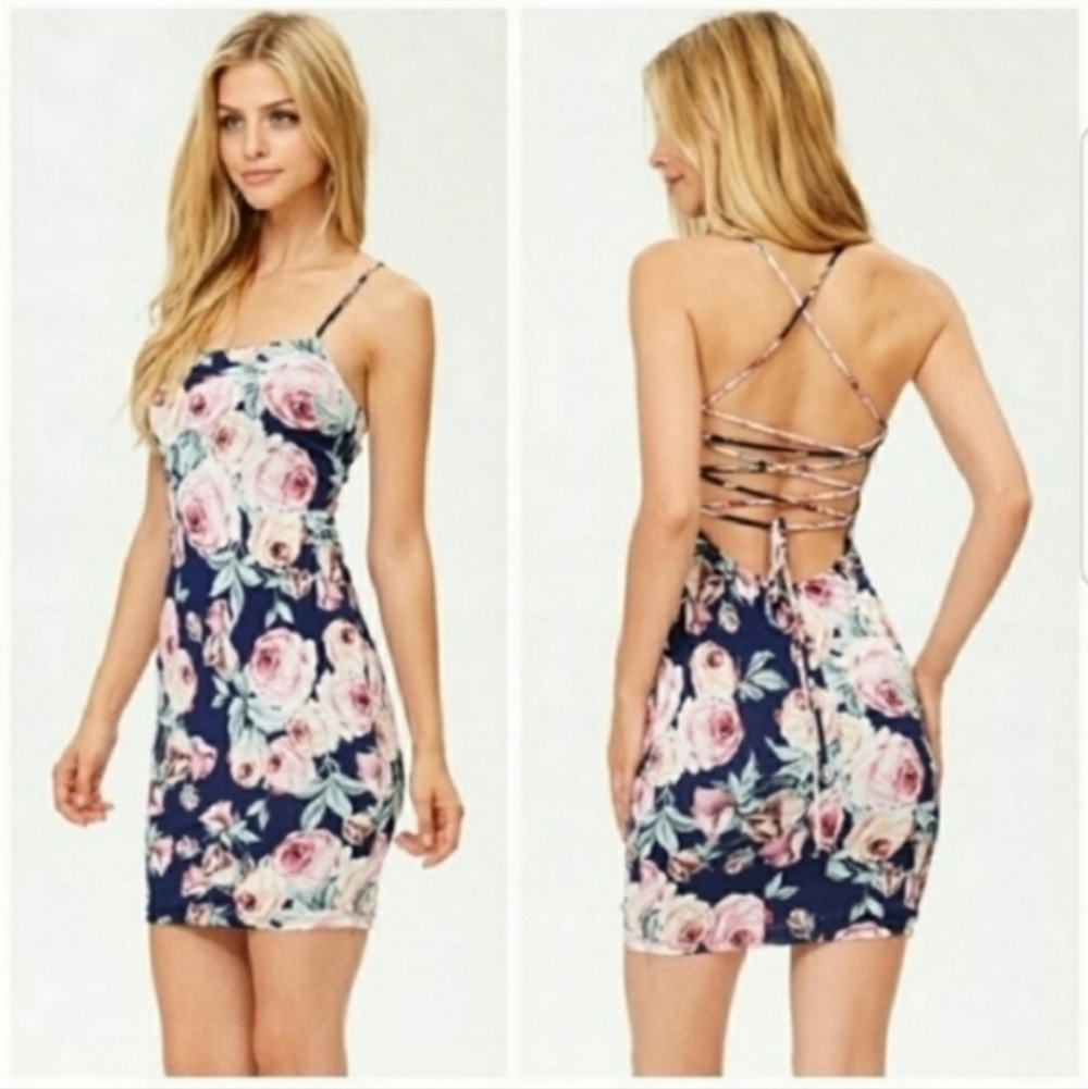Bo Bel Navy Blue Floral Lace-up Back Dress